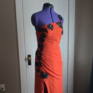 Azazie One-Shoulder Orange Dress with Black Floral Design